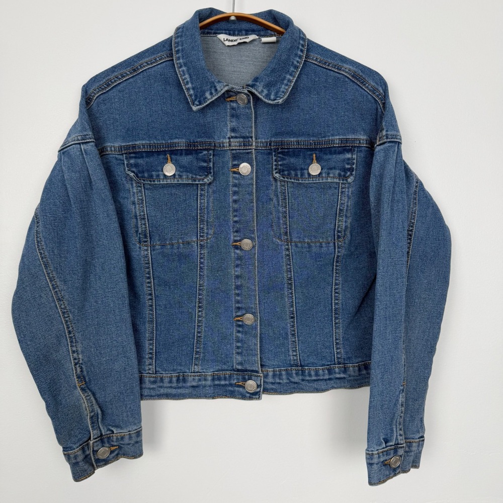Lands End Kids Blue Denim Trucker Jacket Size L 10-12 Medium Wash Cotton Blend